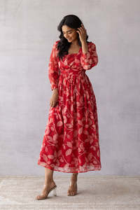 Vestido Midi de Gasa con Estampado Floral, Cuello Cuadrado, Manga Tres Cuartos, Corte en A, Holgado, Informal, Veraniego, Elegante para Mujer - Product Image 2