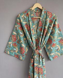 V-Neck Striped Embroidered Women's Kimono Robe <b>Three</b> Quarter Sleeve Loose Midi Dress With Belt Casual Wear Summer 100% Cotton - Product Image 3