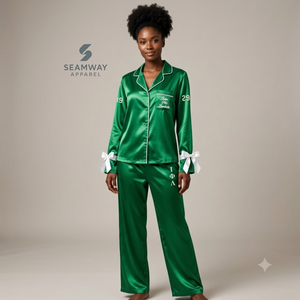 Iota Phi Lambda Women's Satin Pajama <b>Set</b> Long Sleeve Button-Up Embroidered Two <b>Piece</b> Sleepwear Green With <b>White</b> Trim Lounge <b>Set</b> - Product Image 5