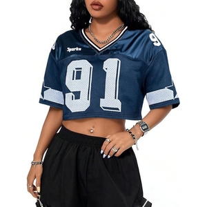 T-shirts pour femmes, T-shirts graphiques numérotés, T-shirts streetwear hip-hop à col en V, manches courtes, crop top en maille, coupe ample - Product Image 1
