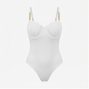 White Textured One Piece Swimsuit With Rhinestone Strap Detail Push Up Bra Style Women's Beachwear - Product Image 2