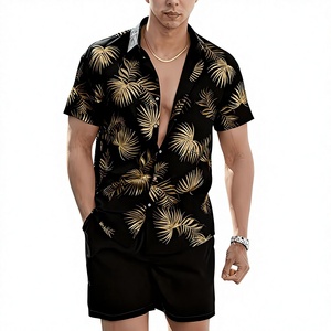 Shi Beach Vacation Set Black & Golden Solid Short Sleeve Shirt & Solid Color Shorts 2pcs Casual Set Summer 100% Cotton Quick Dry - Product Image 1