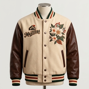 <b>Men</b> <b>Cream</b> Green Orange Leather Sleeve <b>Jacket</b> Custom Floral Mountain Embroidery Snap Button Streetwear - Product Image 6