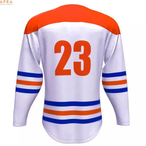 Maillot de hockey sur glace personnalisé sublimé, blanc, orange, bleu, rayé, col en V, manches longues, évacuation de l'humidité, vêtements unisexes pour adultes - Product Image 6