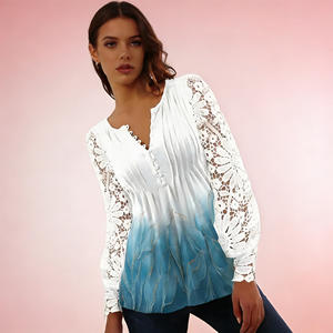 Oferta Especial en Blusa Elegante con Patrón Sólido y Mangas de Encaje Calado, Cuello en V, Abotonada, Camisa Casual para Damas, Primavera - Product Image 2