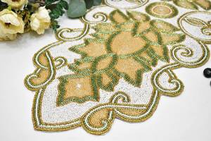 Handmade Traditional Chinese Fabric <b>Table</b> <b>Runner</b> <b>Green</b> Cream Embroidered Irregular Shape Mats Pads - Product Image 3