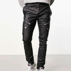 Men's <b>Black</b> Leather Straight Fit Lightweight Breathable Moto <b>Pants</b> Side Zip Pockets Elastic Waist Street Style Winter Wear 2027 - Product Image 6