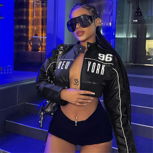 Hot 2026 Autumn New Slim Fit Women's Leather Jacket European American Style Stand Cross-Border Fashion Printed Patchwork Zipper - Product Image 3