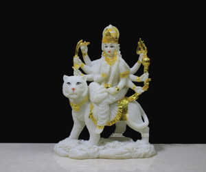 Estatua de la Diosa Durga de Resina Blanca con Detalles en Lámina de Oro, Hecha a Mano, Estilo Art Deco, Sherawali Mata Montada en un León, para Mesa o Templo en Casa - Product Image 1