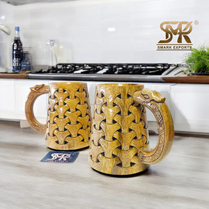 Chope à bière en bois de style vintage, design sculpté artisanal, grande poignée, chope rustique pour bar et décoration intérieure - Product Image 6