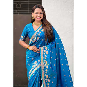 Sari en soie Pichwai tissé Zari bleu Elite Weaves, robe de soirée élégante 650g - Product Image 2