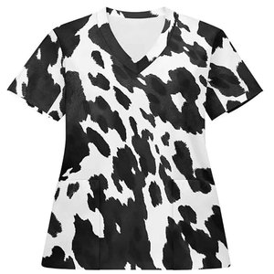Women's <b>Cow</b> <b>Print</b> Scrub <b>Top</b> Short Sleeve V-Neck With Pockets Hospital Uniform Blouse - Product Image 1