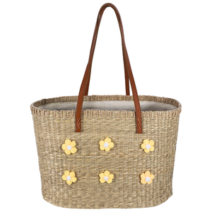 Bolso Tote Rectangular Tejido a Mano con Apliques de Flores Amarillas y Asas de Cuero, Bolso de Mimbre Ecológico - Product Image 2