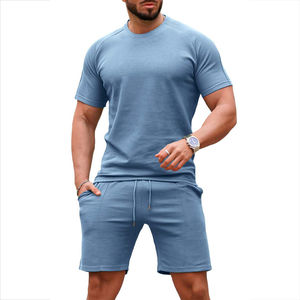 Ensemble deux pièces bleu clair pour hommes, t-shirt à manches courtes et short décontractés, tenue d'été en coton, streetwear, ensemble de tenue de la meilleure qualité - Product Image 1