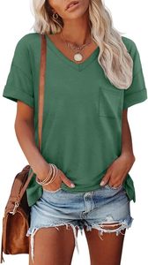 Haut de couleur pastel pour femme, col en V, manches courtes, coupe régulière, décontracté, urbain, avec poche, pour l'été - Product Image 2