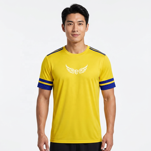 เสื้อเจอร์ซีย์คอกลมแขนสั้นสำหรับผู้ชาย สีเหลือง ผลิตจากโพลีเอสเตอร์ ระบายความชื้นได้ดี พร้อมโลโก้พิมพ์ด้านหน้า - Product Image 5