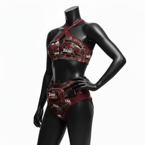 ชุดบิกินี่ผู้หญิงพรีเมียม โพลีเอสเตอร์คุณภาพสูง ผสมสแปนเด็กซ์ ลายกราฟิกสีแดงเบอร์กันดี พร้อมโลโก้สั่งทำพิเศษ - Product Image 4