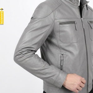 SAMAVIA <b>Men's</b> PU <b>Leather</b> Canvas Moto <b>Jacket</b> Stand Collar Zipper Closure Gray Slim Fit Biker Style Autumn Wear Quick Dry - Product Image 5