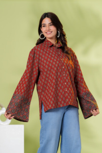 Women <b>Rust</b> Printed Shirt <b>Top</b> Ethnic Casual Button Down Ladies Tunic with Bell Sleeves - Product Image 6