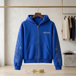 Sudadera con capucha azul real para hombre con cremallera, gráfico de estrella de fuego personalizado, mangas bordadas, estilo oversize, ropa urbana, venta al por mayor, fabricante - Product Image 3
