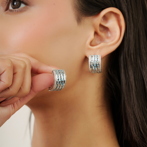 Classy 925 Sterling Silver 100% Genuine <b>Blue</b> Topaz Gemstone & Diamond Wide Half Hoop <b>Earrings</b> For Women's - Product Image 2