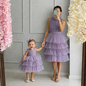 Ensemble de robes en tulle élégantes assorties mère-fille, tenue de fête superposée, sans manches, col à volants, robe jumelle mère-fille pour la famille - Product Image 3