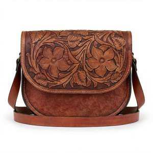Bolso Bandolera Multifuncional de Cuero Genuino 100% para Mujer, Estilo Vintage, Ligero, con Solapa Floral, Casual y de Negocios - Product Image 1