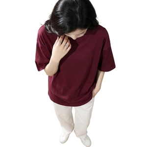 Camiseta de Punto de Manga Corta para Mujer, Cuello Redondo, Color Sólido, Corte Holgado, Transpirable, de Algodón, Informal, para Primavera y Verano - Product Image 4