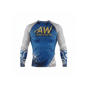 เสื้อ Rash Guard แขนยาวสำหรับผู้ชายของ Askar Wear สีน้ำเงิน-เทา พิมพ์ลายแบบ Sublimation แห้งเร็ว เสื้อกีฬา โลโก้ด้านหน้า - Product Image 2