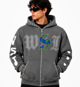 Sweat à capuche gris pour homme, coupe classique, avec logo WSI brodé, imprimé par décoloration, en polyester/coton, style streetwear, en molleton - Product Image 1