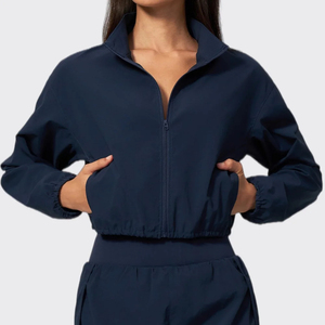 Ensemble coupe-vent bleu marine zippé pour femme, décontracté, coupe ample, couleur unie, col montant, manches longues, tenue de printemps - Product Image 6