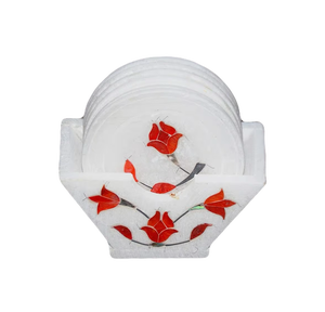 Export Quality 6 Piece <b>White</b> Marbal <b>Coaster</b> Set Stone <b>White</b> & red - Product Image 2