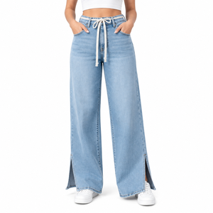 Vaqueros de mujer de talle alto azul claro con pierna ancha, cordón ajustable, corte holgado, dobladillo dividido, casual, talla grande, largo completo - Product Image 1