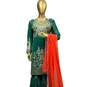 Estilo islámico Rich Party & Function Wear Bordado de color verde Trabajo Hasta la rodilla Kurti & Sharara con Dupatta Set a un ritmo más bajo - Product Image 1