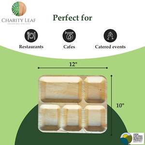 Piatto Rettangolare in Foglia di Palma Naturale 12 x 10 Pollici con 5 Scomparti per Decorazione Tavola e Stoviglie per Feste - Product Image 4