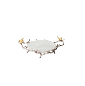 White Marble Serving Tray Gold Platted Handle Round Marble Base with Metal Gold Handle Tray for Serving Food and <b>Sweets</b> Tray - Product Image 6
