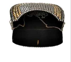 Round <b>Silver</b> Plated Metal <b>Clutch</b> Bag With Colorful Enamel Flower Design Chain Strap - Product Image 3