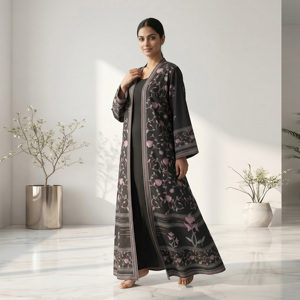Polyester Modest <b>Eid</b> Nightclub Flower Embroidery Abaya Modern Open Front Muslim Cardigan Kimono Kaftan Islamic Robe Wholesale - Product Image 2