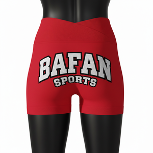 Short rojo premium de poliéster y spandex de 240 GSM con cintura cruzada acanalada y logo bordado. - Product Image 2