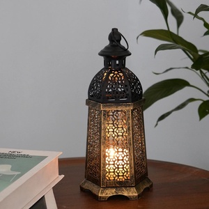 Antique Finish <b>Moroccan</b> Metal <b>Lanterns</b> Set Of 2 Bronze Cutout Design Hexagonal Shape For Home Decoration & Ramadan Lighting - Product Image 2