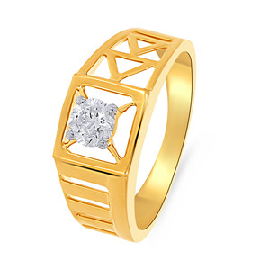 Directional Gleam <b>Men</b> Solitaire <b>Ring</b> 18K Solid Yellow Gold <b>Men's</b> Round Diamond <b>Ring</b> with Geometric Open Cut Band Luxury Wedding - Product Image 1