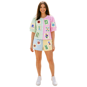 Wholesale Custom <b>Mahjong</b> Short <b>Sets</b> Comfy Cotton 2-Piece Shirt and Short Breathable With Tiles Embroidery 2-Piece <b>Set</b> Summer fit - Product Image 1