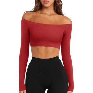 Women Off The Shoulder Long Sleeve <b>Crop</b> <b>Top</b> Solid Color <b>Red</b> Yoga Activewear Seamless Fit Regular Style Full Sleeve - Product Image 1