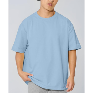 T-shirt en coton bleu clair uni surdimensionné pour homme, manches courtes, col rond, coupe décontractée, jersey uni - Product Image 2