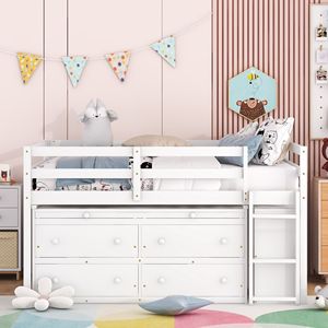 Letto a Soppalco in Legno Bianco con Scrivania Retrattile e 4 Cassetti, Mensole Laterali Portatili per Bambini - Product Image 2