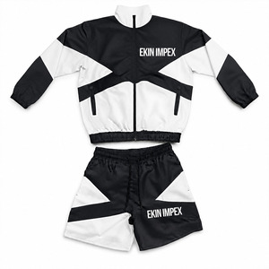Custom Logo Men's Black <b>White</b> Color Block Windbreaker Jacket and Shorts <b>Set</b> <b>2</b> <b>Piece</b> Streetwear Track Suit - Product Image 1
