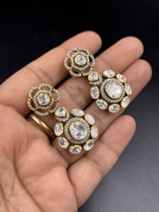 Floral Design Trendy Silver Long <b>Earrings</b> with Gold Plated Bezel Setting White Polki Traditional Ethnic Wear for Wedding - Product Image 1