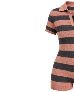Mono de punto a rayas rosa rubor y carbón para mujer, manga corta, cuello polo, informal de verano, de una pieza, ajustado, personalizado - Product Image 3