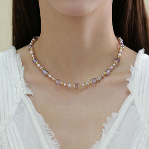 Autumn Winter Female Niche Design Crystal Bead <b>Necklace</b> French <b>Pink</b> Purple Natural Pearl Chain for Sweaters Sweater Chain - Product Image 1