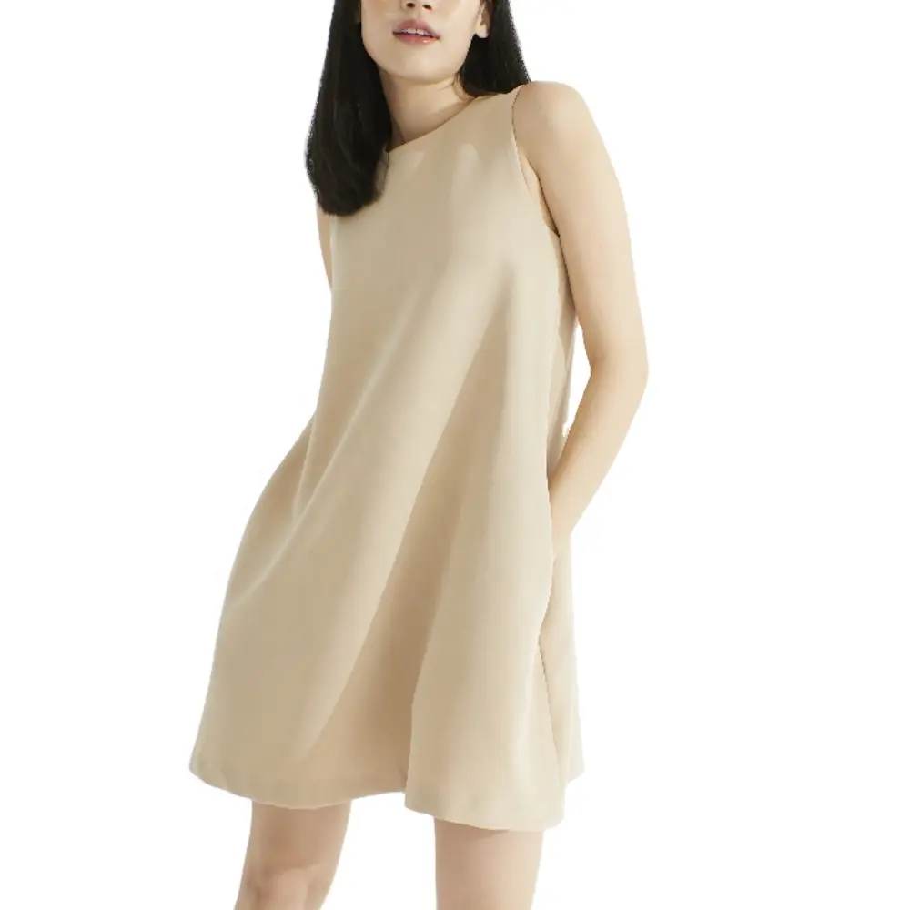 A 라인 드레스 민소매 2 포켓 베이지 색 귀여운 여성 의류 의류 여성 캐주얼 드레스